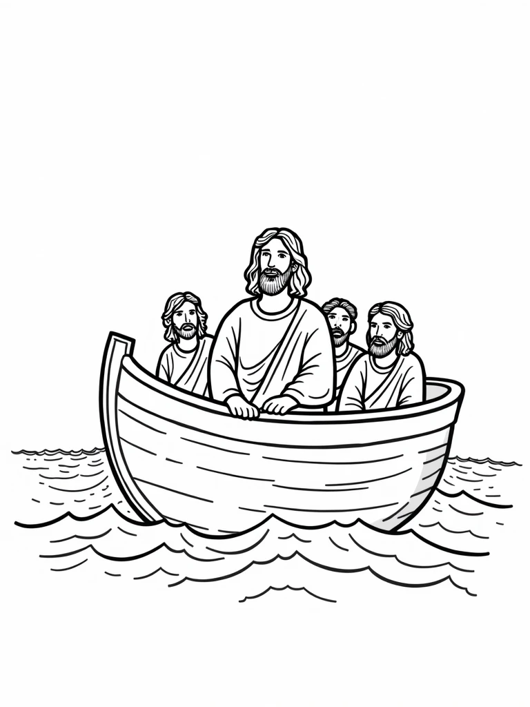 Coloring page of JESUS and his Disciples in a boat and Jesus calming a storm at sea, cartoon-like, thick line, uncolored, white background, just traces.