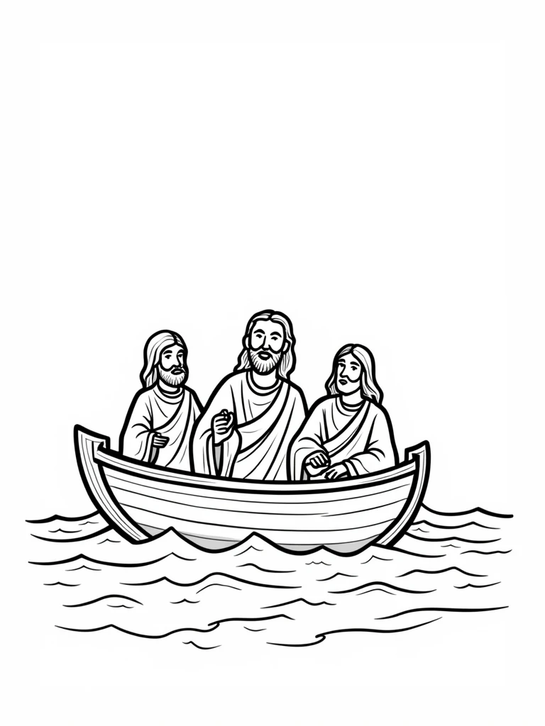 Coloring page of JESUS ​​​​and his Disciples in a boat and Jesus calming a storm at sea, cartoon-like, thick line, uncolored, white background, just traces.