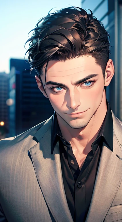 (best quality,4k,8k,highres,masterpiece:1.2),ultra-detailed,(realistic,photorealistic,photo-realistic:1.37),1 man,31 years old,mature man,very handsome,without expression,smile,short grey black hair,blue eyes,penetrating gaze,perfect face without errors,imposing posture,businessman,office background,cinematic lighting,hdr image