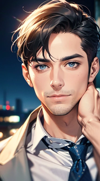 (best quality,4k,8k,highres,masterpiece:1.2),ultra-detailed,(realistic,photorealistic,photo-realistic:1.37),1 man,31 years old,mature man,very handsome,without expression,smile,short grey black hair,blue eyes,penetrating gaze,perfect face without errors,imposing posture,businessman,office background,cinematic lighting,hdr image