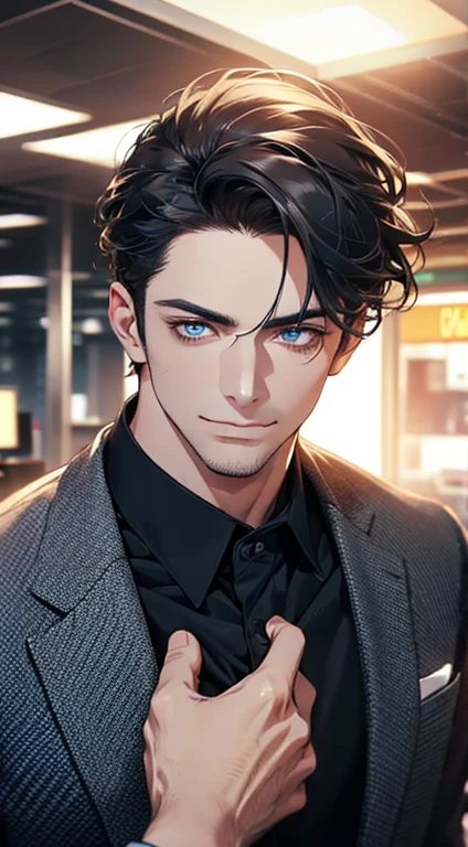 (best quality,4k,8k,highres,masterpiece:1.2),ultra-detailed,(realistic,photorealistic,photo-realistic:1.37),1 man,31 years old,mature man,very handsome,without expression,smile,short grey black hair,blue eyes,penetrating gaze,perfect face without errors,imposing posture,businessman,office background,cinematic lighting,hdr image