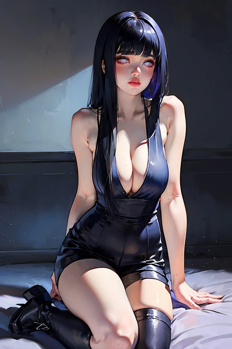 1girl, close up of face, adult, Hinata Hyuga, the last, shy girl, long black hair, blunt bangs, dark hair, Voluminous hair, lavender eyes, no pupils, Lavender Sleeveless Blouse, long black boots, navy blue shorts, Black translucent stockings, holster, bandage on thigh, open sandals, big breasts, wide hips, shapely legs, slim waist, masterpiece, best quality, Professional, realistic.