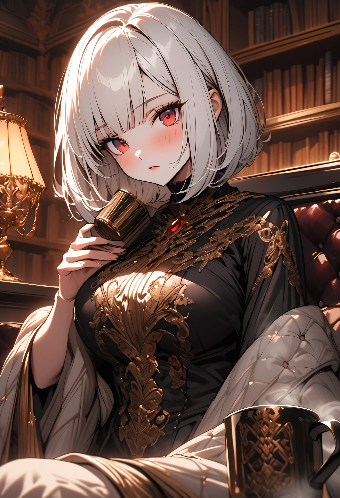 female, solo, close up, white hair, red eyes, mansion, gold, luxury, very large breasts, short straight hair, bob cut hair, library, blush, reading, short, simple luxurious clothes, lamp, steaming coffee mug, sitting, looking at viewer, curious, shawl, comfy