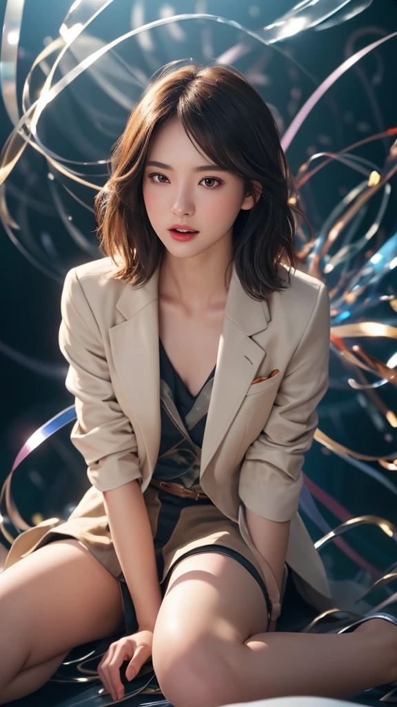 ((masterpiece:1.2, 最high quality)), Super detailed, Ultra-precise depiction, Super high-definition description, (Tangled:1.2), Cowboy Shot, (Dynamic pose), (Abstract background:1.5),woman, Sitting in a cafe, (High skin detail:1.2), short hair, DSLR HD, cold, close, 8K Ultra HD, RAW Photos, Soft lighting, high quality, Film Grain, Fujifilm XT3,Photorealism, long hair, blazer。Miniskirt、whole body、slender、Body sideways、I can see all the way to my toes、Lying down、目はclose、Mouth half open
