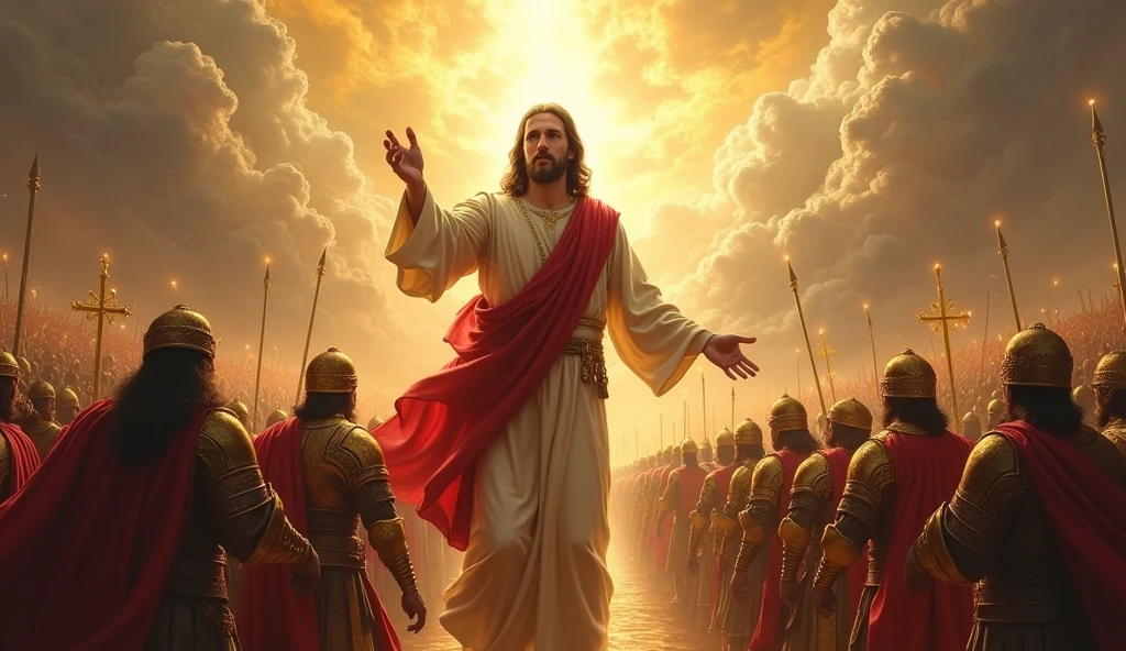 Image representing an imposing and magnificent bold Christian, create an outfit for a bold Christian from the Temple of Christian Oneness. Create a conceptual image of Jesus Christ coming in his glory and gathering his chosen ones into his heavenly army in the battle of the last day.