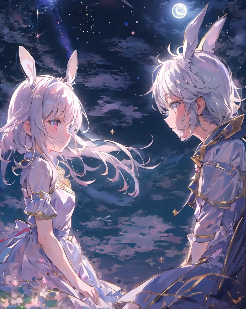 masterpiece, Highest quality, 1 girl and 1 man,Bunny ears:1.5, They are staring at each other, Confession, Small breasts, ((Under the moonlight, beautiful milky way)), Wearing a dress, skirt, フレアskirt, smile, Anime Fantasy, Flowing white hair, Fantasy Anime, Ethereal Anime, Beautiful anime art, Beautiful digital art, Anime Fantasyアートワーク, Anime Fantasyアートワーク