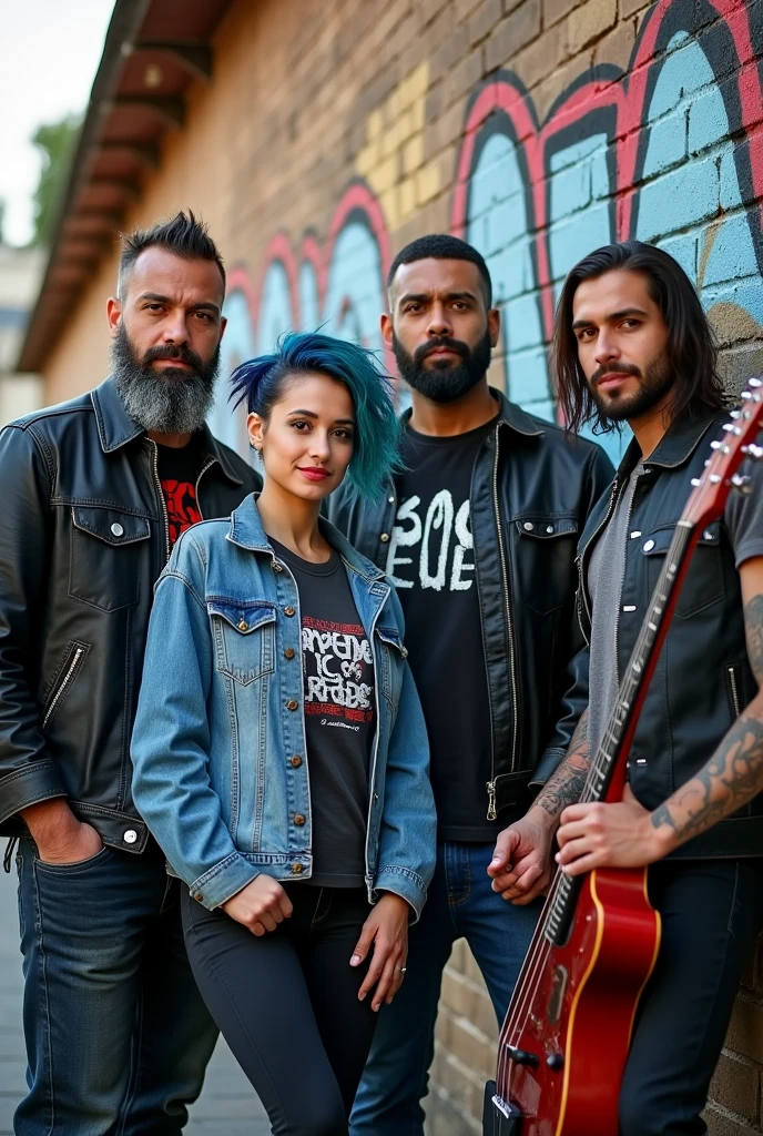 The four members of the band &#39;Ovelhas Obesas&#39; pose together for a promotional photo in an urban setting. Marcelo &#39;Gordo&#39; Silva (vocalist), with short hair, generally messy, and a long, bushy beard that complements his laid-back style, wears a leather jacket over a band t-shirt, with a confident expression and a robust body. Ana &#39;Riff&#39; Ribeiro (guitarist), with short, messy blue hair and tattoos on her arms, wears a worn denim jacket and holds his guitar in a relaxed manner. Gustavo &#39;Touro&#39; Almeida (bassist), strong and robust with a well-groomed beard, dark skin reminiscent of Indian features, wear a simple t-shirt and jeans, with a leather collar and an easy smile on your face. Lucas &#39;Hurricane&#39; Menezes (drummer), with long straight hair, usually tied up in a sloppy bun and visible tattoos, veste uma regata e shorts, holding drumsticks. They are in front of a graffitied brick wall, with a relaxed attitude and a determined look. The scene is illuminated by natural light, giving an authentic and energetic look to the image.