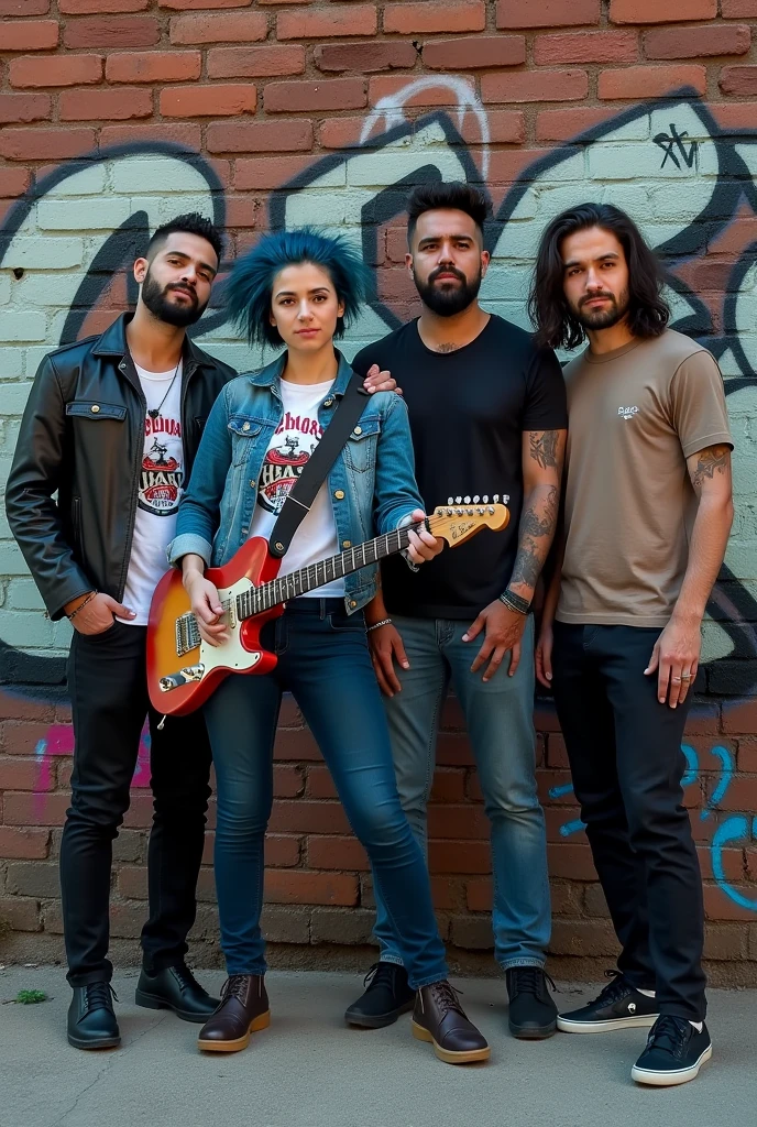The four members of the band &#39;Ovelhas Obesas&#39; pose together for a promotional photo in an urban setting. Marcelo &#39;Gordo&#39; Silva (vocalist), with short hair and thick beard, wears a leather jacket over a band t-shirt, with a confident expression. Ana &#39;Riff&#39; Ribeiro (guitarist), with short blue hair and tattoos on her arms, wears a worn denim jacket and holds his guitar in a relaxed manner. Gustavo &#39;Touro&#39; Almeida (bassist), robust and with a well-groomed beard, wear a simple t-shirt and jeans, with a leather collar. Lucas &#39;Hurricane&#39; Menezes (drummer), with long hair and visible tattoos, veste uma regata e shorts, holding drumsticks. They are in front of a graffitied brick wall, with a relaxed attitude and a determined look. The scene is illuminated by natural light, giving an authentic and energetic look to the image.