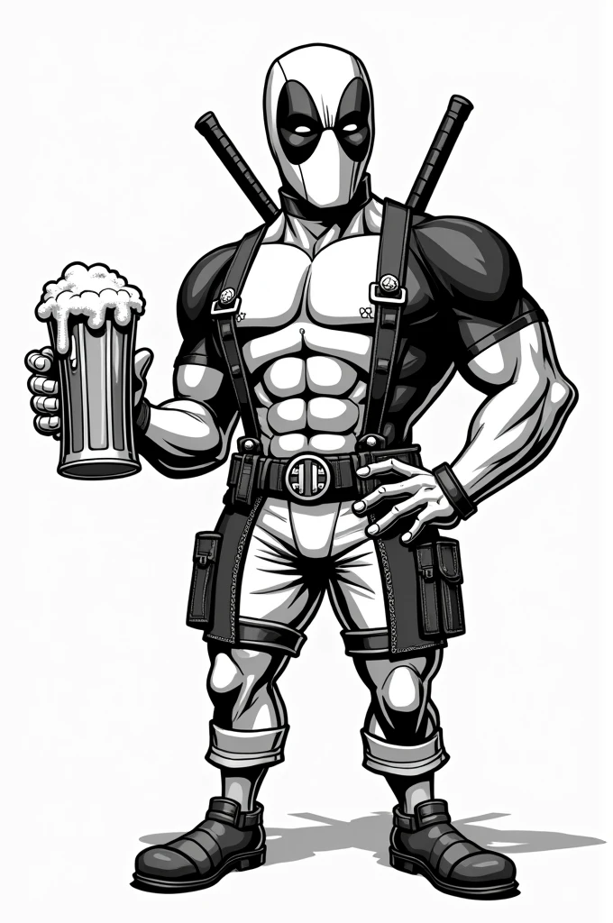 
Tattoo, Comicart Deadpool in Bavarian Lederhosen black and white with a beer in his hand