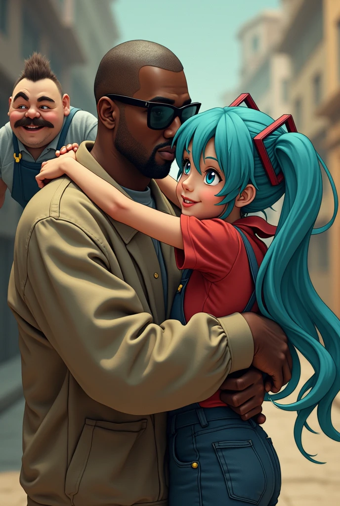 Kanye West hugging Hatsune Miku and Don Ramón in the background watching them transit