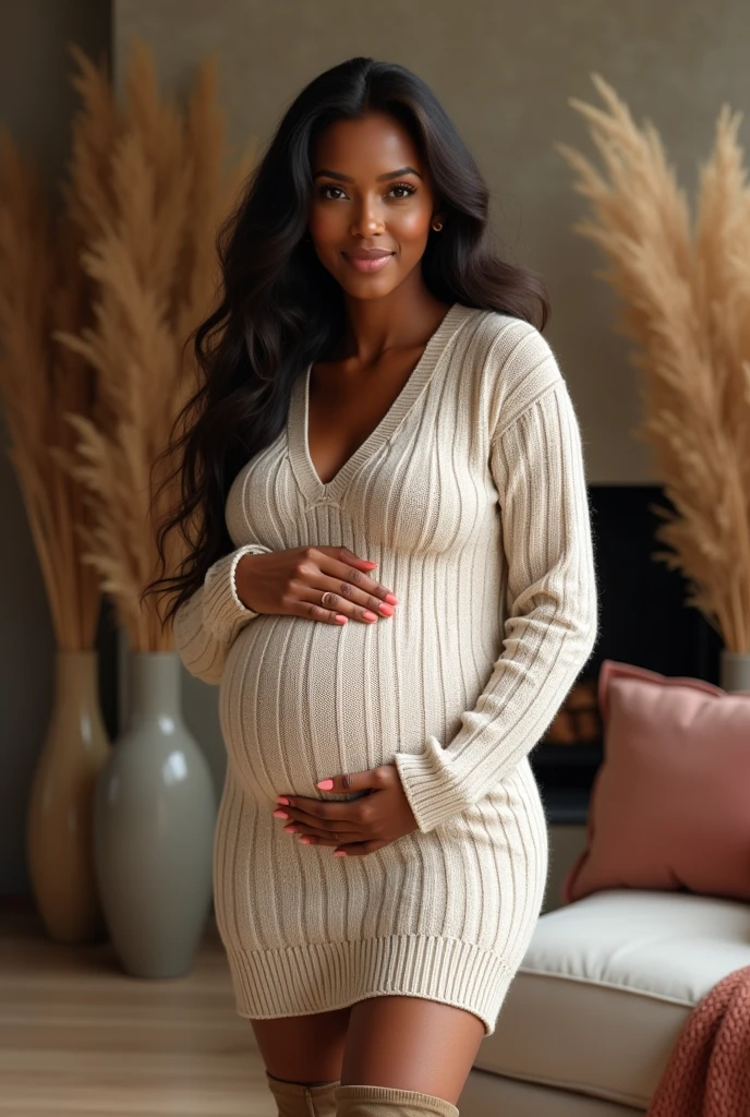 A African American pregnant woman with long hair wearing a cozy knit sweater dress in a neutral shade like beige or gray. Pair it with knee-high boots for a chic, autumn-inspired look.