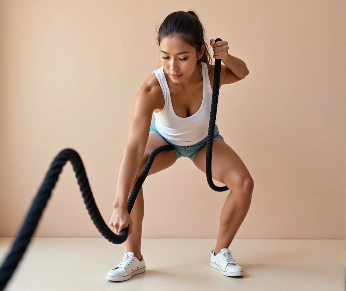 Create a hyper-realistic photograph of a Latina woman performing an exercise with black ropes in a gym. Let the activity be “Rope Training”. The action seems dynamic., that invites women to improve their body physically. With very clear and natural lighting.. Let the shot be far, at a three-quarter angle and see the perspective of the black ropes and the gym. Make photography look modern and dynamic.