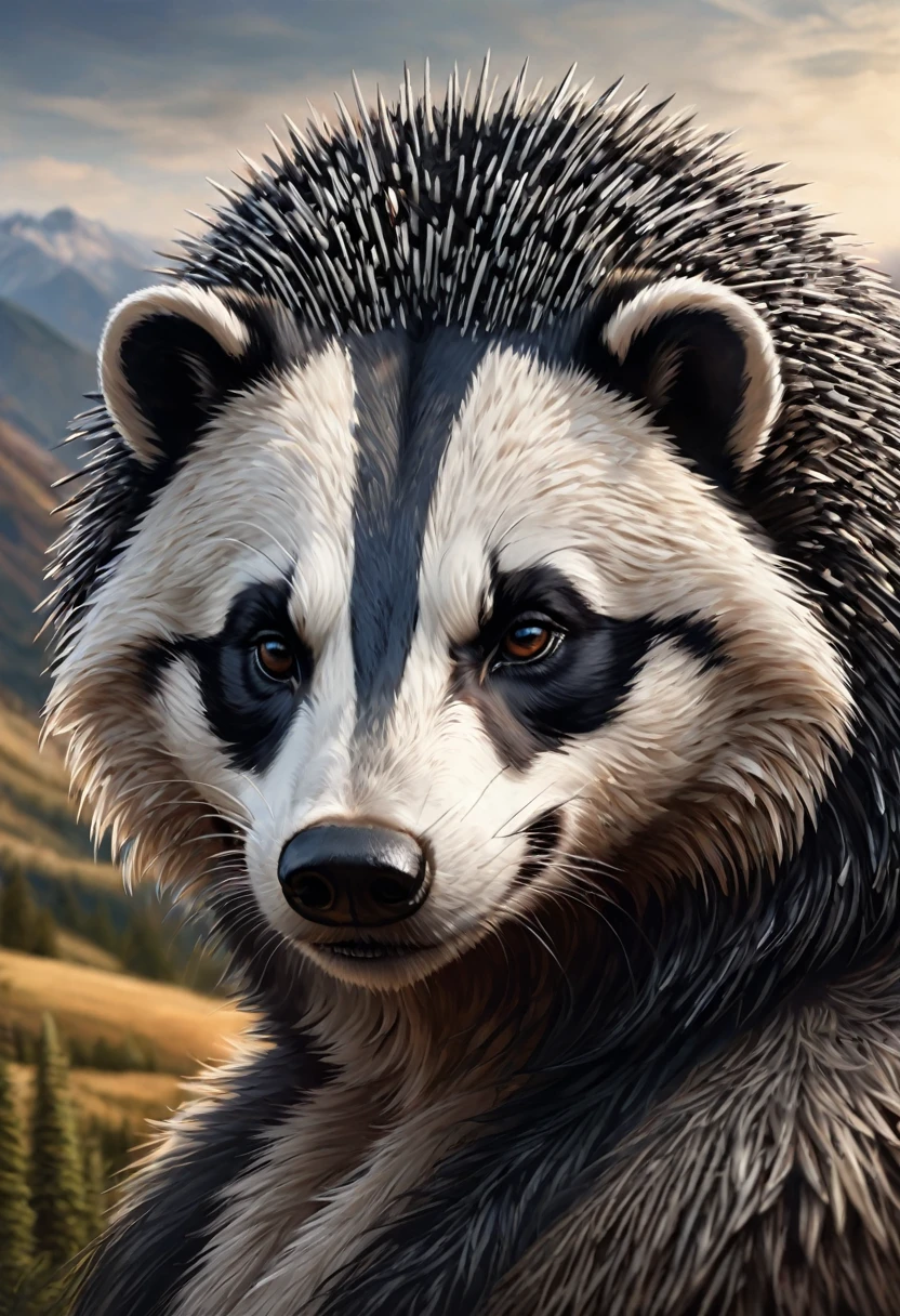 Anthropomorphic badger. Official Art – Charecter profile. An Award-Winning Digital Masterpiece In 4K Ultra HD, Extreme Detail And Intricate Realism. Symmetrical Face. This Concept Art Brought To Life By The Hands Of Artists Like Wlop & Artgerm In A Stunning 2D Vector Illustration.Background Is A Panoramic Vista.