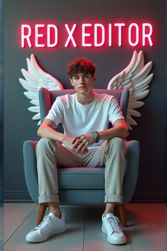 Creat a 3d illosion a propile picture were a25 year old cute boy in a white shirt casually on a wingback chair Waring sneakers he looks a headthr background features rdxeditor in big and capital oring neon lighter fonts on the dark gray wall the should not be his shadow and there are to make it appear as if he is an angel .