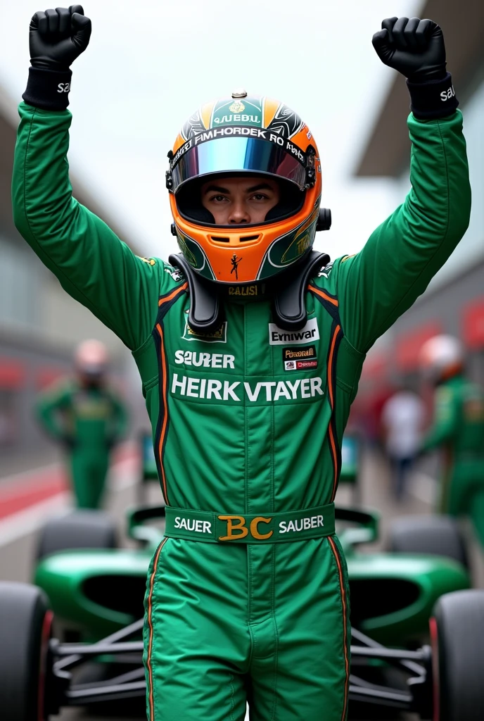 Formula 1 filipino racer with green suit (kick sauber) with helmet celebrating