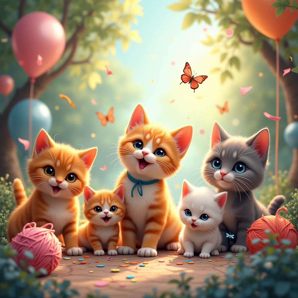 Masterpiece, (ultra high quality, 8k, intricate details), (lively, heartwarming, illustration), (nature environment, vibrant colors), various playful cats, (10_cute_happy_cats), different breeds and colors, interacting with environment, chasing butterflies, playing with colorful yarn, relaxing in cozy spots, surrounded by celebratory elements (balloons, confetti, colorful backdrop), (warm lighting, realistic fur textures, playful expressions, vibrant atmosphere).
