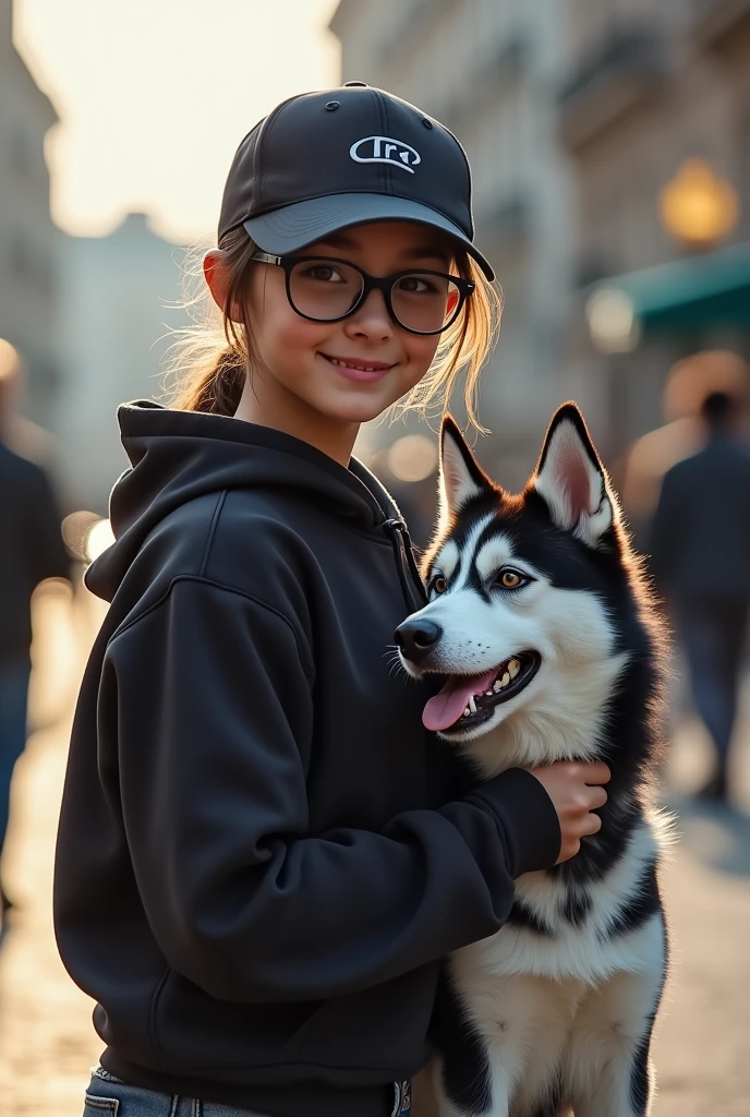 masterpiece, Best Quality, a girl with glasses and a cap , wearing a black jogger shirt , Stop on a street, with a pet husky