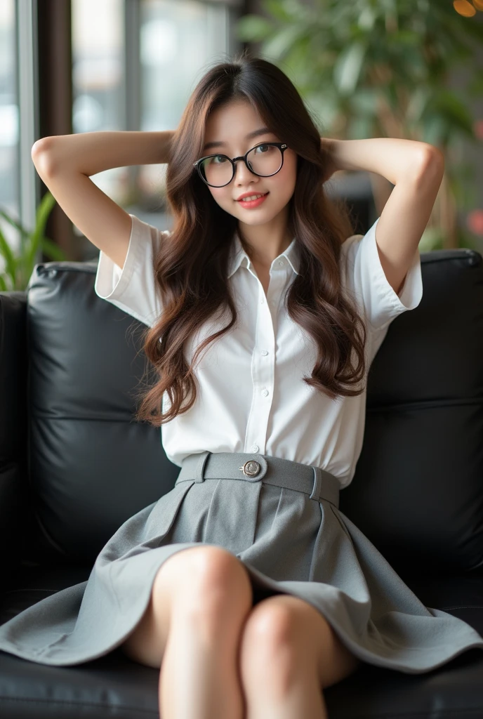 ((best quality, 8K, masterpiece: 1.3)), beautiful korean girl, pure, melon face, kind and cute, light smile, pure desire, slender body, (front), (tilted head), long brown wavy hair, windy hair, long flowing shoulders, round black big eyes, round glasses, clear big eyes, moist red lips, sweet, lie down open legs on comfortable black sofa in cafe shop, blured background, bright lighting, open mouth, pleading eyes, ((((whole body)))), sexy slender legs, small firm breasts, lift your skirt, ((slim muscular body)), (M-legs:1.5), ((lifting you own skirt:1.5)), wearing white shortsleeve collar shirt, (open shirt:1.3), grey platted micro skirt, upskirt white panties, tilted head, (arms up, arms above head), focus on her legs