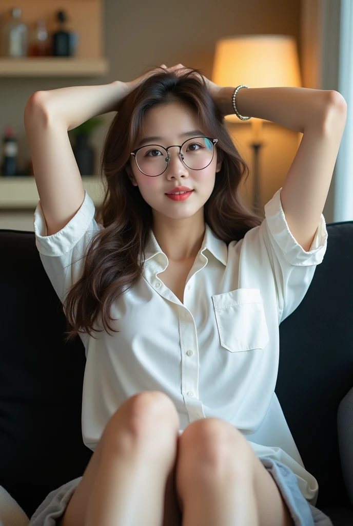 ((best quality, 8K, masterpiece: 1.3)), beautiful korean girl, pure, melon face, kind and cute, light smile, pure desire, slender body, (front), (tilted head), long brown wavy hair, windy hair, long flowing shoulders, round black big eyes, round glasses, clear big eyes, moist red lips, sweet, lie down open legs on comfortable black sofa in cafe shop, blured background, bright lighting, open mouth, pleading eyes, ((((whole body)))), sexy slender legs, small firm breasts, lift your skirt, ((slim muscular body)), (M-legs:1.5), ((lifting you own skirt:1.5)), wearing white shortsleeve collar shirt, (open shirt:1.3), grey platted micro skirt, upskirt white panties, tilted head, (arms up, arms above head), focus on her legs