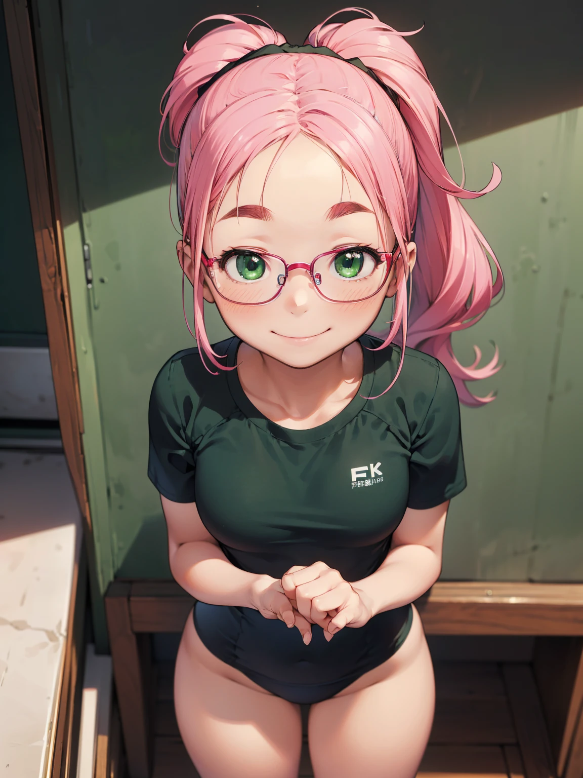 8K quality,(super masterpiece:1.3),Highest quality,Detailed Images,1 female,symmetrical beauty,10th Generation,Medium build,(smile,smile),(Pink Hair,Long Hair,High Ponytail),(Thick eyebrows,Thick eyebrows),(Droopy eyes,Green Eyes,Green Eyes,Bright Eyes),(Red Frame,Thin glasses,Thin-rimmed glasses,Small glasses),(Large Breasts,F cupの胸),Tan Skin,(School Swimsuit),(Draw the whole body),(Face directly towards the camera,Looking directly at the viewer,looking at the camera,The body faces the viewer,The body is facing the direction of the camera,Face looking straight into the camera).