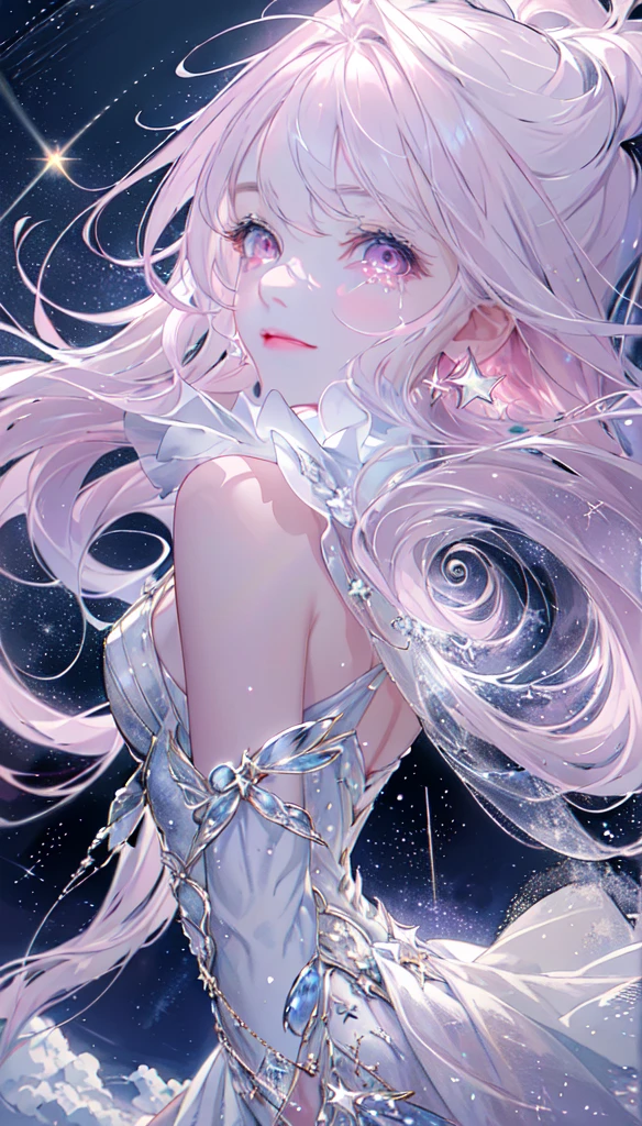 masterpiece, Highest quality, Movie stills, One Girl, Floating in the sky, cloud girl, cloud, (close:1.1), , Soft lighting, Volumetric lighting, Sparkling, Sparkling, Swirl, Abstract, Expressive、tears、One Girl, alone,Long Hair, White-pink hair、Sparkling、Pink Eyes, Lens flare, moonlight、Earrings、star、smile、Overall white