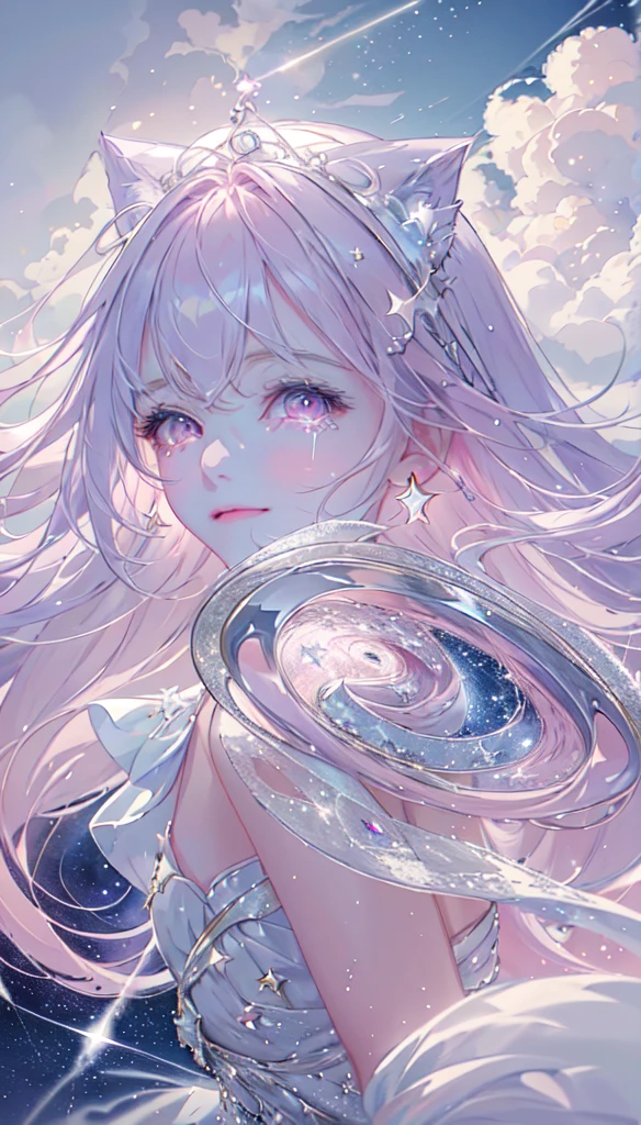 masterpiece, Highest quality, Movie stills, One Girl, Floating in the sky, cloud girl, cloud, (close:1.1), , Soft lighting, Volumetric lighting, Sparkling, Sparkling, Swirl, Abstract, Expressive、tears、One Girl, alone,Long Hair, White-pink hair、Sparkling、Pink Eyes, Lens flare, moonlight、Earrings、star、smile、Overall white