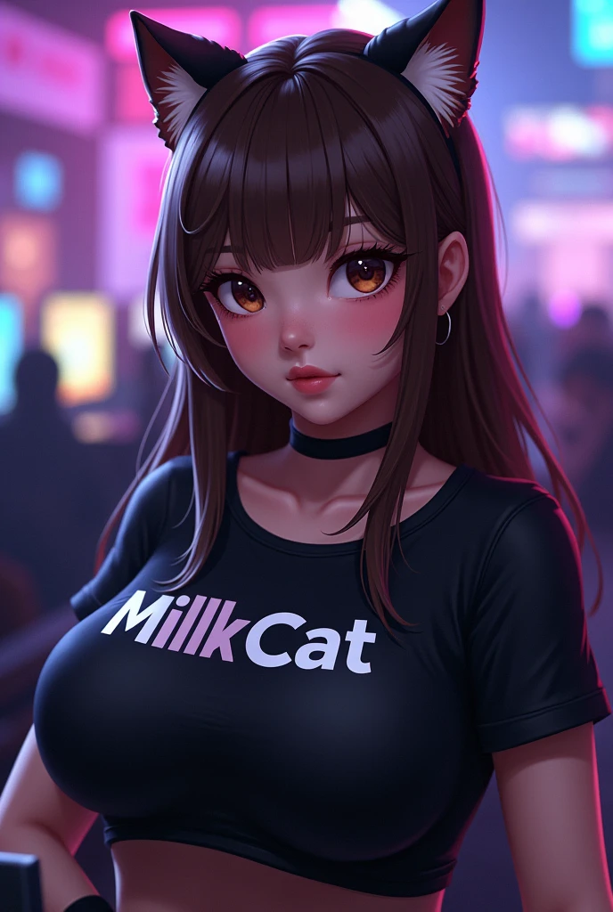 Girl with long brown hair , with bangs and brown eyes ,with a lot of bust and that is in a game arena in the grandstand corridor , com o nick "MilkCat" written on the black blouse with cat ears
