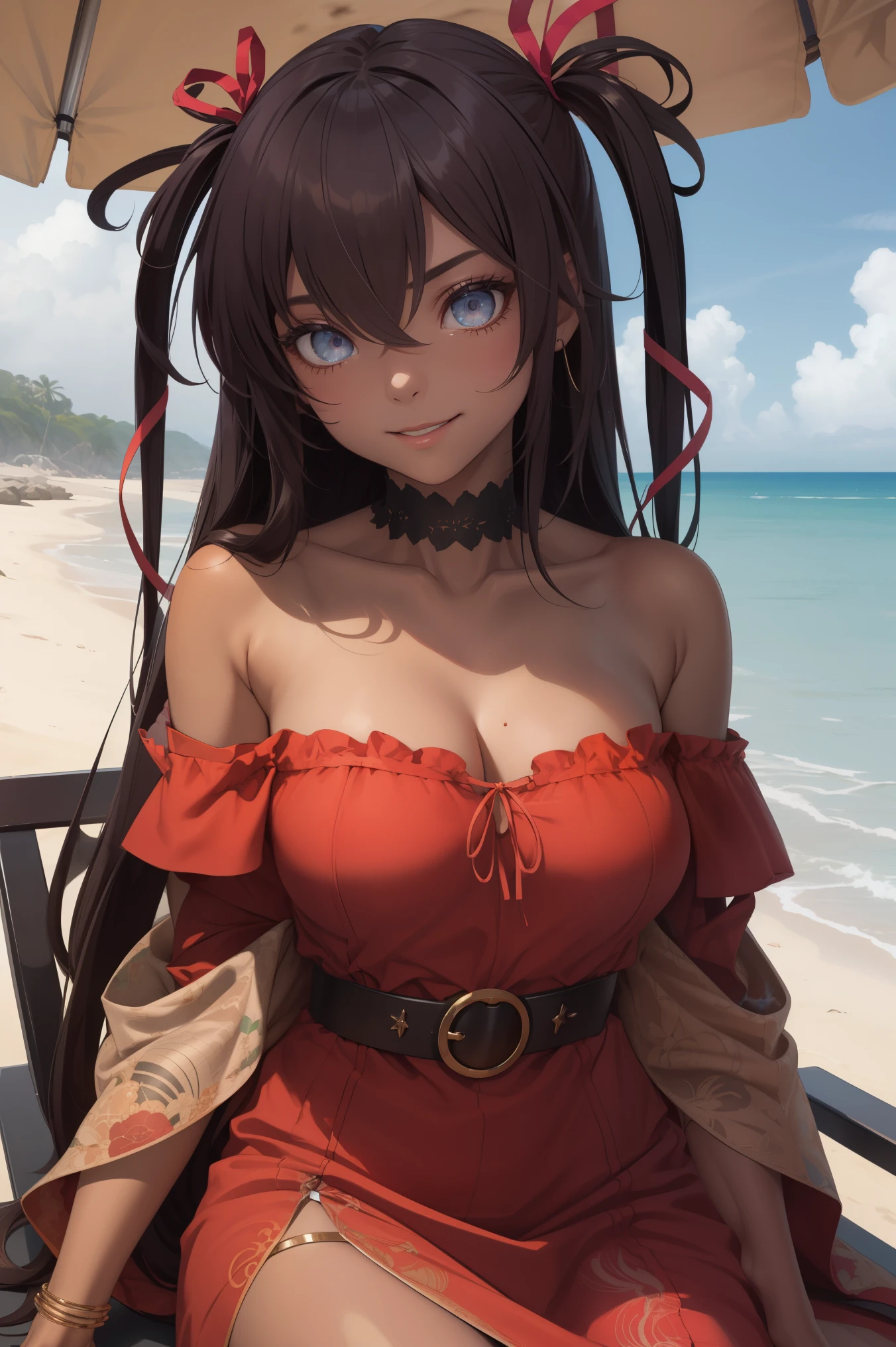 mizuki yukikaze, hair ribbon,
BREAK (((a off-shoulder dress and the garterbelt, intricate silk garterbelt))), 
BREAK fishnet, big breasts, sitting, beach, beach chair, looking at you, sunglasses, smile, holding beverage,
BREAK (art: 1.2), best quality, high resolution, 8k unitary, (illustration: 0.8), (beautiful detailed eyes: 1.6), extremely detailed face, perfect lighting, extremely detailed in CG, (perfect hands, perfect anatomy),