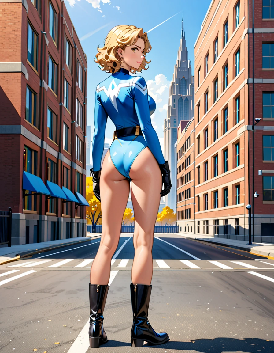 masterpiece, best quality, hires, 1girl, medium breasts, ((leotard, light blue leotard)), long sleeves, (lighting bolt emblem on chest), (bare legs), (fastened tight belt), boots, matching boots, gloves, city backdrop, solo, single, standing, rear view, full body shot, cowboy shot, superhero, beautiful detailed eyes, beautiful detailed face, blonde hair, (short hair), wavy hair, high school backdrop, outdoors, mature lady, teacher, perfect body
