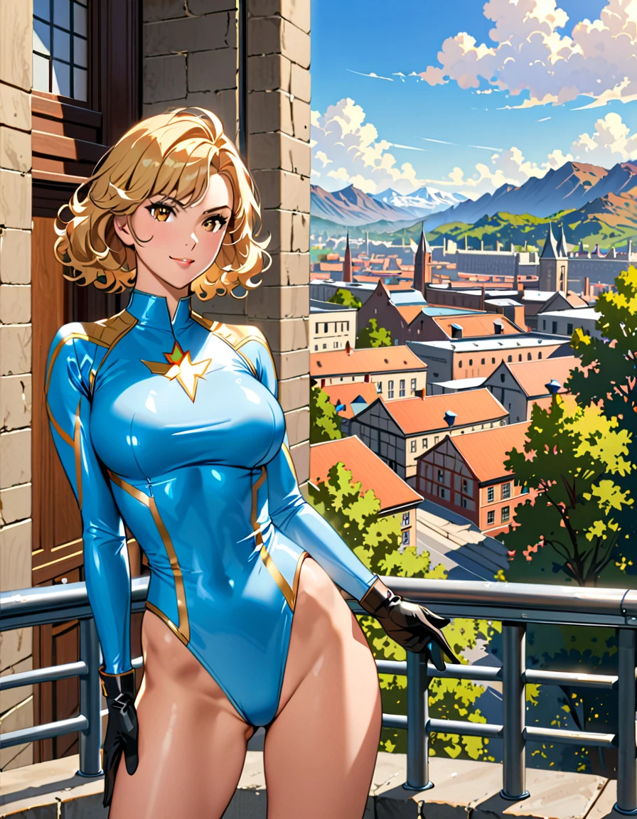 masterpiece, best quality, hires, 1girl, medium breasts, ((leotard, light blue leotard)), long sleeves, (lighting bolt emblem on chest), (bare legs), (fastened tight belt), boots, matching boots, gloves, city backdrop, solo, single, standing, rear view, full body shot, cowboy shot, superhero, beautiful detailed eyes, beautiful detailed face, blonde hair, (short hair), wavy hair, high school backdrop, outdoors, mature lady, teacher, perfect body