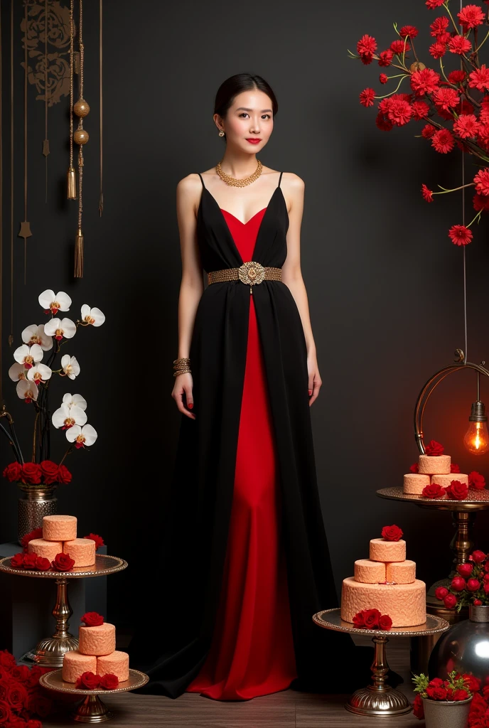 1. Wallpaper và Layout:
Wallpaper:
Choose a black or dark gray background to highlight the red and black shades of the model and decoration.
You can use a background with gentle patterns such as moon and stars or metallic patterns to add appeal.
Layout:
Arrange decorative elements such as lanterns, led light, and moon cakes around the model in a balanced manner.
Place the model in the center or to one side to create space around the accessories.
2. Model's Outfits:
Colour:
Black and red clothes combine harmoniously, for example a long black dress with red accents or vice versa, to create contrast and stand out.
Styles:
Choose clothes with modern and sophisticated designs, such as a long dress or a cape with gentle details to match the chic style.
Use accessories like necklaces, earring, or a metallic gold belt for added sparkle.
3. Props and Decorations:
Decorative table:
Place a decorative table with a glossy black or glass surface, and decorate with items such as red lanterns, yellow candle, and modern moon cake models.
Use silver or gold cake plates and trays to add a touch of elegance.
Decorative details:
Add details like fresh flowers (red roses or white orchids) to create emphasis and freshness.
Combine with metallic or iridescent details to highlight the red and black of the model's outfit..
4. Light và Angle shooting:
Light:
Use soft and even lighting, Combine key lighting and background lighting to highlight the nuances of the costumes and setting.
Use light shining from above to create a shimmering effect on decorative details.
Angle shooting:
Shoot from different angles to create variety, include wide angles to cover the entire scene and close-ups to highlight details like costumes and accessories.
These elements will help create a Mid-Autumn Festival photography backdrop that is both modern and modern, luxurious, It also fits the model's style.
Please draw with pictures so I can easily visualize