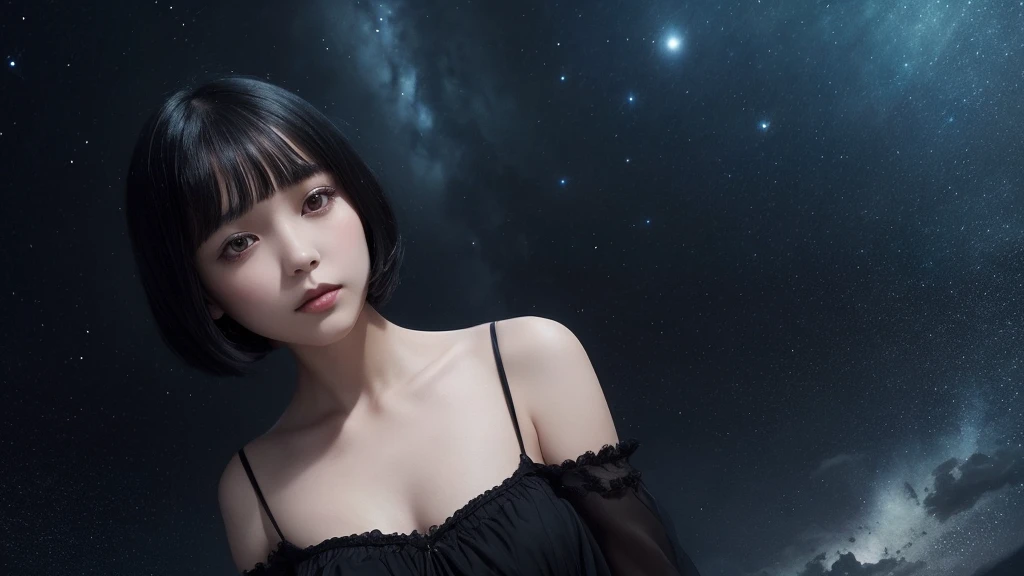 Delicate and dainty young woman with shiny bob-cut black hair . She is wearing black dress. The background is a fantastic and ethereal night sky that seems to be haunted by a specter. Her expression is stern and atmospheric. Angle from directly below.