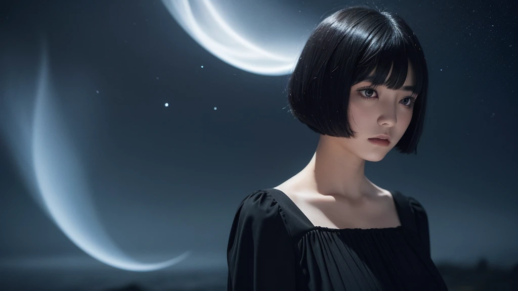 Delicate and dainty young woman with shiny bob-cut black hair . She is wearing black dress. The background is a fantastic and ethereal night sky that seems to be haunted by a specter. Her expression is stern and atmospheric. Angle from directly below.