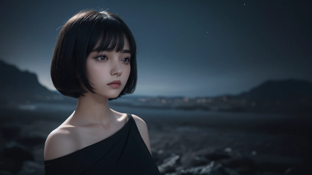 Delicate and dainty young woman with shiny bob-cut black hair . She is wearing black dress. The background is a fantastic and ethereal night sky that seems to be haunted by a specter. Her expression is stern and atmospheric. Angle from directly below.