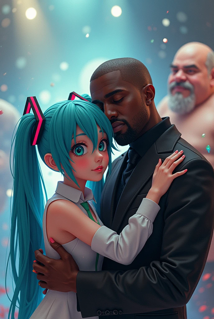 Kanye West hugging Hatsune Miku and Don Ramon in the background looking sad