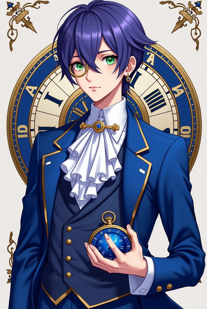 A young male Idol with neat and elegant purple-blue hair. Green eyes. Wearing a European-style performance Idol-outfit in blue and white, European suits combined with sexy Gothic and Baroque styles, stylized like a sexy unique fashion model, full of artistic personality. Wearing gold monocle quizzing-glass and holding a sapphire blue pocket watch. Earrings stylized to match the outfit. On the background is the Deus ex Machina logo with the symbol of a time-traveling clock. The main color is #e8b923.
to see fullbody