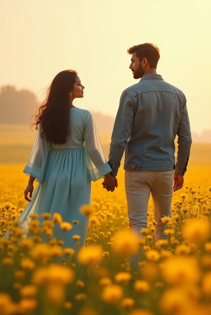 a fair skinned brown man wearing dark blue denim jacket holding hand of a women wearing Pakistani dress of plain blue color  leading him into vast field of yellow flowers in morning 