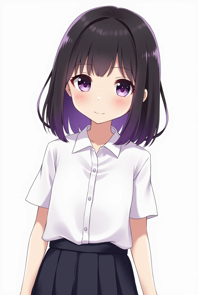 beautiful girl, black hair, purple highlights at the bottom of hair, purple eyes, cute, wearing a white school shirt with a skirt, no background.

handsome boy, blackish brownish hair, brown eyes, cute, wearing a white schoool shirt, with pants, no background