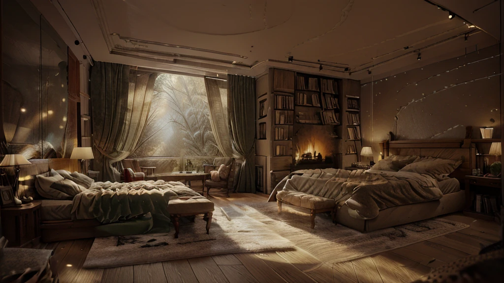 there is a bed with a stone headboard and a large window looking out to see the snow flying outside, cozy room, cozy place, cozy bed, snow cave, cozy and quiet, cozy and peaceful atmosphere, very cozy, cozy environment, bedroom full of fire, cozy atmosphere, cozy bathroom hidden in the cave, cozy scene, cozy atmosphere, charming cozy scene, cozy atmosphere, there is an old stone fireplace, it is snowing outside, inside the cave is full of books and utensils, outside the light is dim inside the light is a bright fire, very large door with panoramic view outside