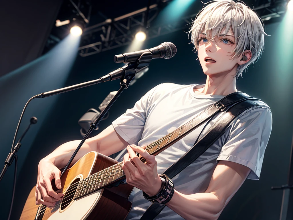 A man with short silver hair and slanted eyes sings while playing the guitar.、microphone、headphone