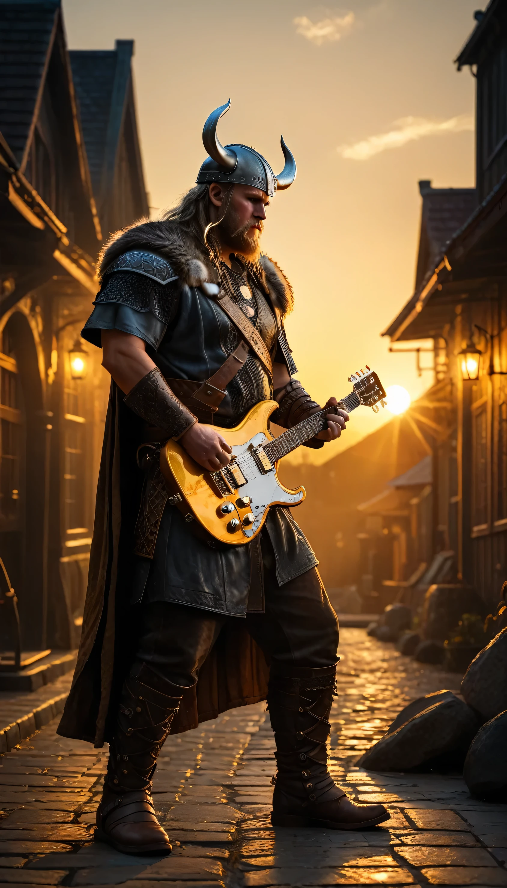 badass viking with an electric guitar, As the sun began to set, The warm golden hues of the sun illuminated its ornate path, casting a warm glow over the area, Ground level shot, badass viking with an electric guitar, Dark background, Hyper-realistic, Ultra-detailed hyper-realistic, Photorealistic, Studio lighting, Reflections, Dynamic pose, Cinematic, Color grading, Photography, Shot with 50mm lens, Ultra wide angle, Depth of field, Hyper-detailed, Beautifully colored, 8k, Golden light from the front,