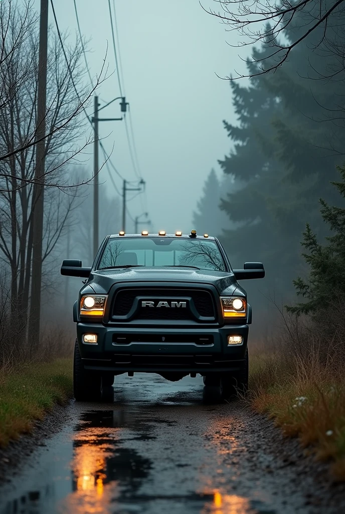 Ram truck on an abandoned street dominated by bush for dark 4k wallpaper for pc