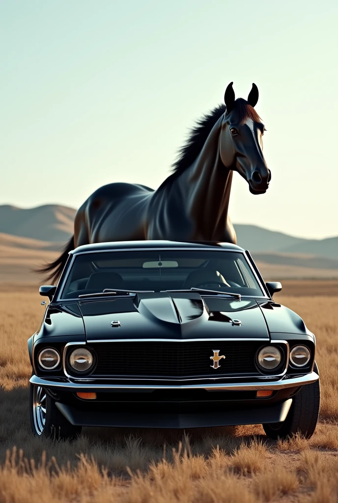 Carro Mustang, with a black Thoroughbred Mustang horse behind the car