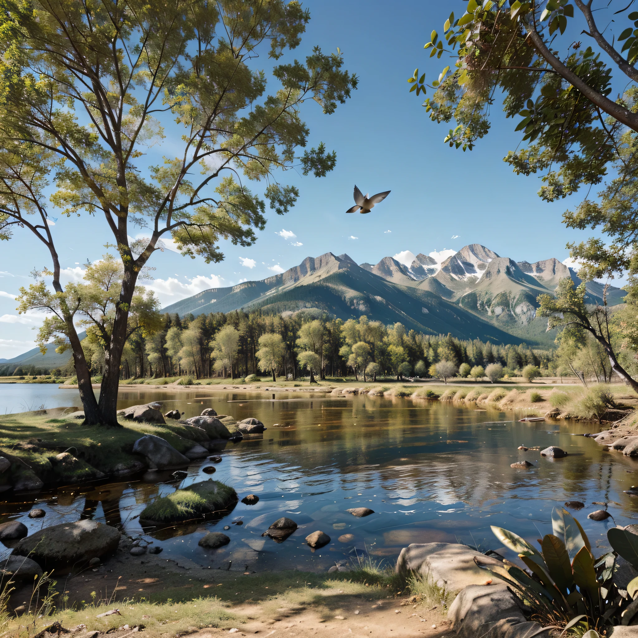 mountain,small bird,green burnt tree,big river,wildlife
