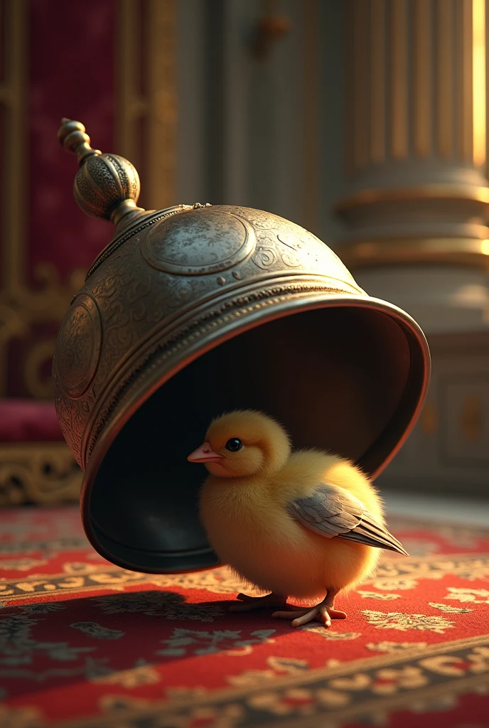 In the palace of a king, there is a metal bowl upside down on a table, under this metal bowl a bird&#39;s chick is caught and only the bird&#39;s wing is left out from under the bowl.
