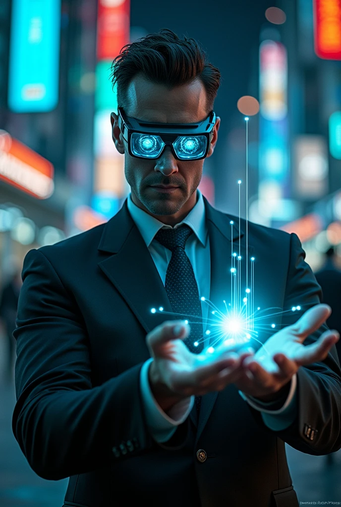 Create an image of a mega-businessman in cyberpunk style, with an evil and dominant face, controlling everything around you with strings coming out of your fingers. He must be dressed in an imposing futuristic suit and wear augmented reality glasses that project holograms and information around him. Your hair should be styled in a striking and futuristic way. The surrounding scenery must be a dark and technological urban environment, illuminated by neon lights and filled with high-tech elements. The atmosphere must convey oppression and absolute control, with the businessman manipulating both the environment and people with his glowing, digital strings.