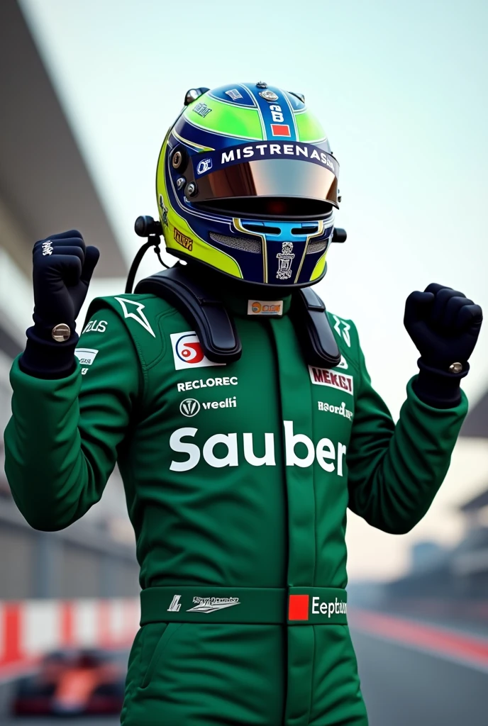 Formula 1 filipino racer with green suit (kick sauber) with helmet no face celebrating