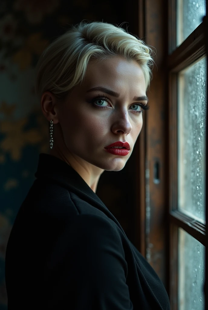 RAW shot, most beautiful model, elegant, femme fatale, American 50 years old lady, very feminine. (head leaning against an ancient English window), ("eyes emerge from the darkness illuminated by a strong mask of light":1.2), (thunderstorm lightning casts shadows of raindrops on her face). Stern look, (dark gothic makeup with dark red open lips). Upset, authoritative, very strict candid expression, ultra short pixie blonde haircut, big deep blue eyes, looking viewer over the shoulder with a penetrating gaze, face skin imperfections: eye bags, wrinkles, freckles, pores. sexy fetish outfit, rich classy jewelry, hyper detailed scene, hyper realistic, classy elegant mansion, intimate calm atmosphere, award winning art, (full body framing), raytracing, sharp focus, bokeh, 8k, hdr, masterpiece, ("van der Meer style":1.5), photography, dslr, kodachrome, 35mm photograph, analog film, professional, ultra low angle side view
