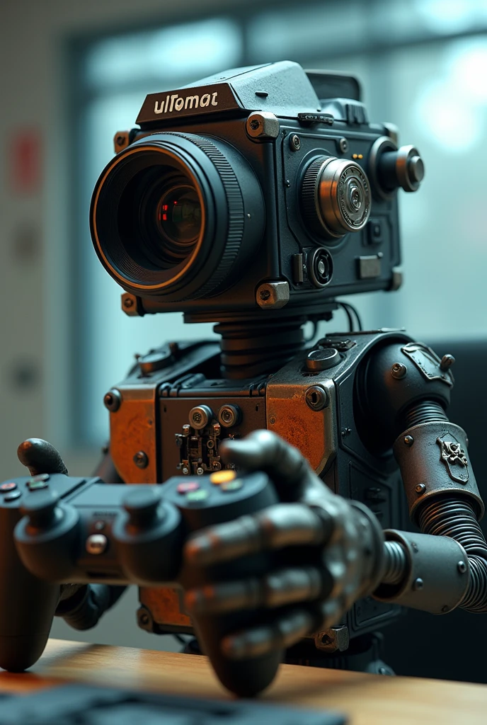 A film camera playing video games with a game controller in its hands