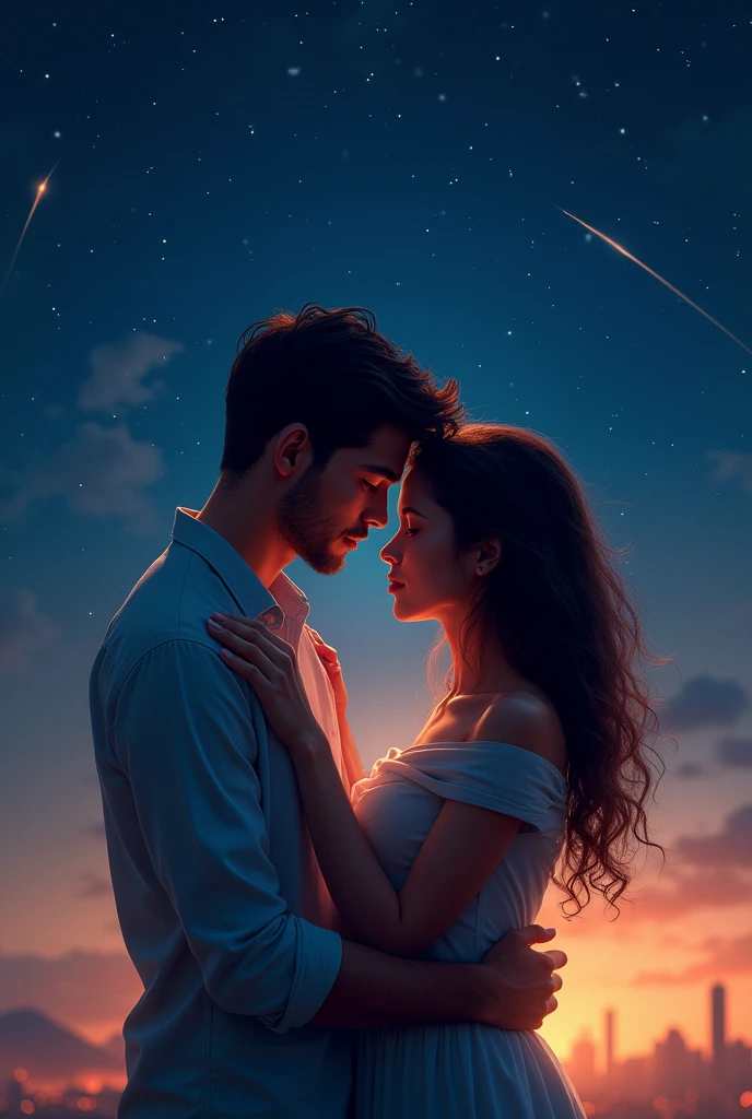 couple, warm embrace, night sky, starry, warmth, love, serenity, breeze, locked gaze, shooting stars, city skyline, rested head on shoulder, epicrealistic